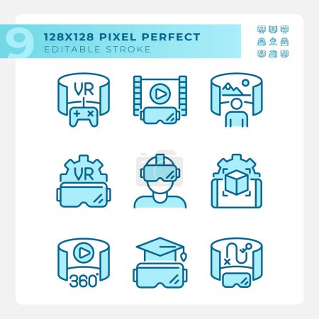 Ilustración de Colección de iconos perfectos de píxeles 2D que representa VR, AR y MR, ilustración de línea delgada azul editable. - Imagen libre de derechos
