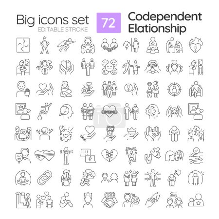 Illustration for 2D editable black thin line big icons set representing codependent relationship, isolated vector, linear illustration. - Royalty Free Image