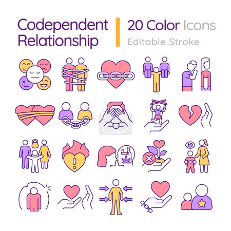 Illustration for 2D editable multicolor big line icons set representing codependent relationship, isolated vector, linear illustration. - Royalty Free Image