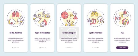 Illustration for 2D icons representing parenting children thin line mobile app screen set. Walkthrough 5 steps multicolor graphic instructions with thin line icons concept, UI, UX, GUI template. - Royalty Free Image