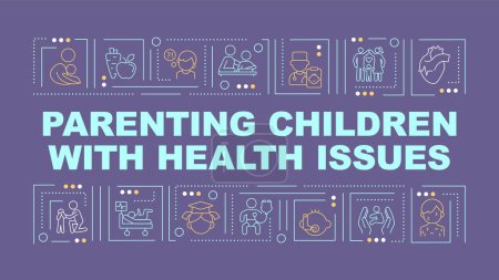 Illustration for 2D parenting children with health issues text various thin line icons concept on dark purple monochromatic background, editable 2D vector illustration. - Royalty Free Image
