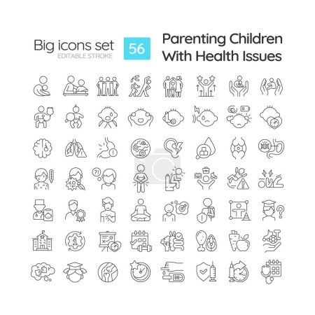 Editable black simple thin line big icons set representing parenting children, isolated vector, linear illustration.