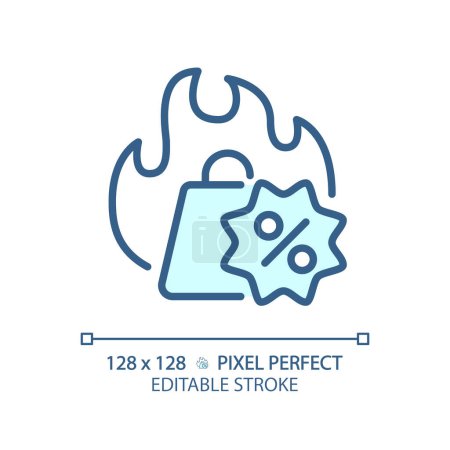 Icono de compra azul editable perfecto de la oferta caliente del pixel 2D, vector monocromático aislado, ilustración delgada de la línea que representa descuentos.