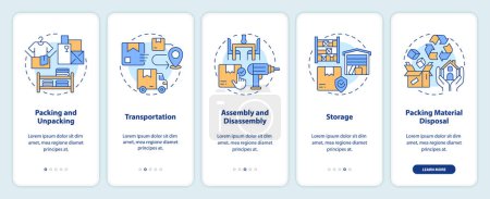 Illustration for 2D icons representing moving service mobile app screen set. Walkthrough 5 steps colorful graphic instructions with linear icons concept, UI, UX, GUI template. - Royalty Free Image