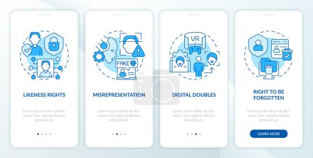 Illustration for 2D icons representing cyber law mobile app screen set. Walkthrough 4 steps blue graphic instructions with linear icons concept, UI, UX, GUI template. - Royalty Free Image