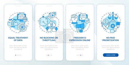 Illustration for 2D icons representing cyber law mobile app screen set. Walkthrough 4 steps blue graphic instructions with line icons concept, UI, UX, GUI template. - Royalty Free Image