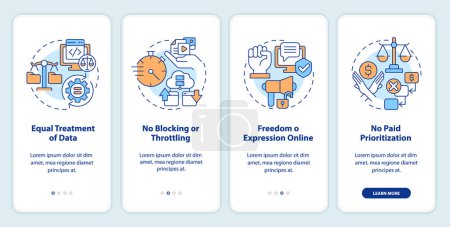 Illustration for 2D linear icons representing cyber law mobile app screen set. Walkthrough 4 steps multicolor graphic instructions with concept, UI, UX, GUI template. - Royalty Free Image