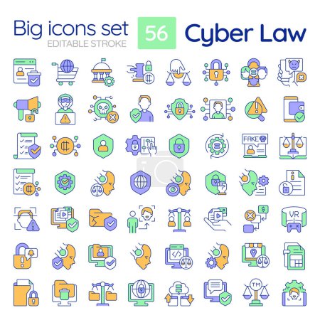 Illustration for Editable multicolor big line icons set representing cyber law, isolated vector, linear illustration. - Royalty Free Image