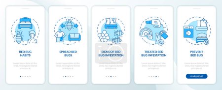 Illustration for 2D icons representing integrated pest management mobile app screen set. Walkthrough 5 steps blue graphic instructions with line icons concept, UI, UX, GUI template. - Royalty Free Image
