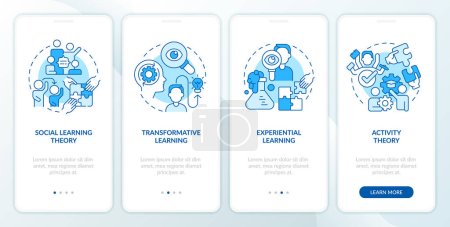 Illustration for 2D icons representing learning theories mobile app screen set. Walkthrough 4 steps blue graphic instructions with linear icons concept, UI, UX, GUI template. - Royalty Free Image