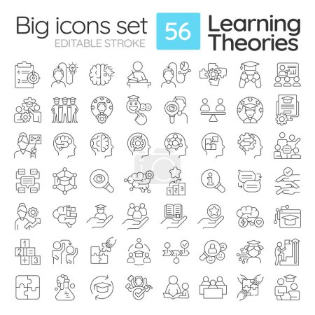 2D editable black big thin line icons set representing learning theories, isolated simple vector, linear illustration.