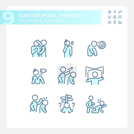 Ilustración de Pixel conjunto de iconos azules perfectos que representan la psicología, ilustración de línea delgada editable. - Imagen libre de derechos