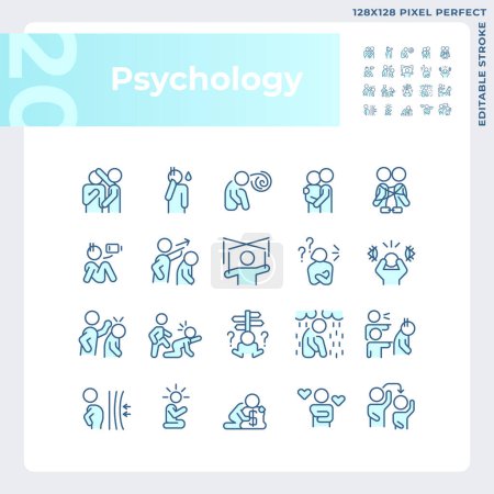 Ilustración de Conjunto de iconos azules simples perfectos de píxeles 2D que representan psicología, ilustración lineal delgada editable. - Imagen libre de derechos