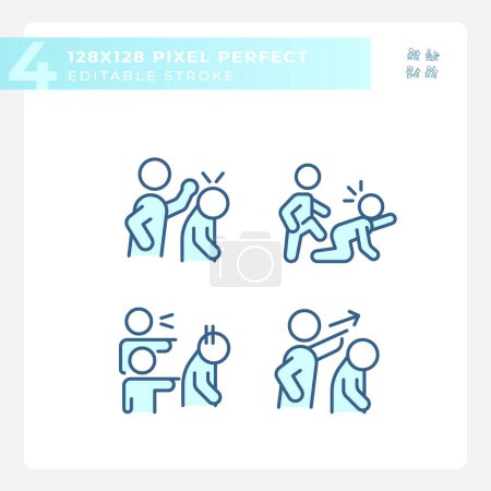 Téléchargez les illustrations : Ensemble d'icônes bleu parfait pixel 2D représentant la psychologie, illustration de ligne mince modifiable. - en licence libre de droit