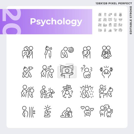 Ilustración de Conjunto de iconos negros simples perfectos de píxeles 2D que representan psicología, ilustración lineal delgada editable. - Imagen libre de derechos