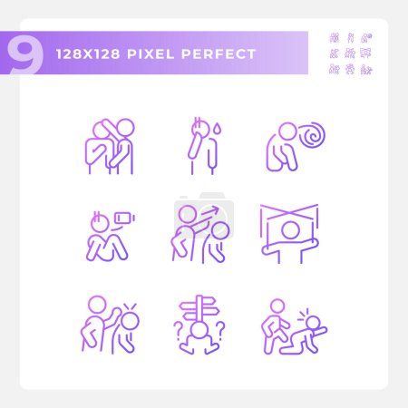Ilustración de Pixel perfecto gradiente iconos conjunto que representa la psicología, púrpura delgada línea ilustración. - Imagen libre de derechos