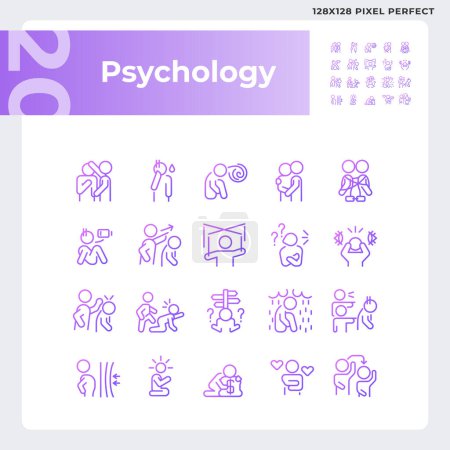 Ilustración de Conjunto de iconos de degradado simple perfecto píxel 2D que representa la psicología, ilustración lineal delgada púrpura. - Imagen libre de derechos