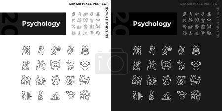 Ensemble d'icônes claires et sombres simples 2D pixel représentant la psychologie, illustration linéaire mince modifiable.