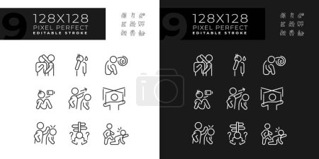 Ilustración de Pixel conjunto de iconos claros y oscuros perfectos que representan la psicología, ilustración de línea delgada editable. - Imagen libre de derechos