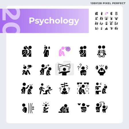 Ilustración de Conjunto de iconos de estilo glifo simple perfecto de píxeles 2D que representa la psicología, ilustración de silueta. - Imagen libre de derechos