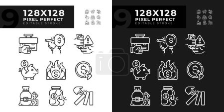 Illustration for Pixel perfect simple icons set representing economic crisis, editable light and dark thin line illustration. - Royalty Free Image