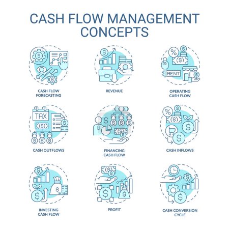 Illustration for Collection of 2D editable blue thin line icons representing cash flow management, isolated simple vector, linear illustration. - Royalty Free Image