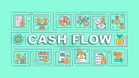 Illustration for 2D cash flow text with various thin line icons concept on green monochromatic background, editable vector illustration. - Royalty Free Image