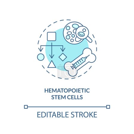 Téléchargez les illustrations : Icône de cellules souches hématopoïétiques bleues modifiables en 2D, vecteur isolé monochromatique, illustration en ligne mince représentant la thérapie cellulaire. - en licence libre de droit