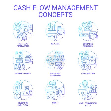 Illustration for Set of 2D gradient thin line icons representing cash flow management, isolated simple vector, linear illustration. - Royalty Free Image