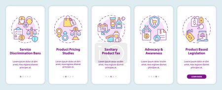 Illustration for 2D icons representing combating pink tax mobile app screen set. Walkthrough 5 steps multicolor graphic instructions with linear icons concept, UI, UX, GUI template. - Royalty Free Image