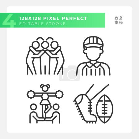 Illustration for American football team linear icons set. Team huddle. Cheerleading. Football game rules. Professional referee. Customizable thin line symbols. Isolated vector outline illustrations. Editable stroke - Royalty Free Image