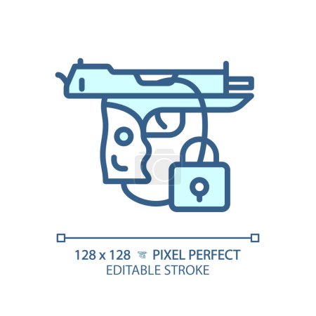 Ilustración de Icono de seguridad de pistola azul editable perfecto de píxeles 2D, vector monocromático aislado, ilustración de línea delgada que representa armas. - Imagen libre de derechos