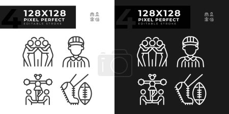 Illustration for American football team linear icons set for dark, light mode. Team huddle. Football game rules. Professional referee. Thin line symbols for night, day theme. Isolated illustrations. Editable stroke - Royalty Free Image