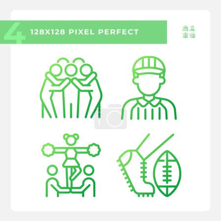 Illustration for American football team gradient linear vector icons set. Team huddle. Cheerleading. Professional referee. Thin line contour symbol designs bundle. Isolated outline illustrations collection - Royalty Free Image