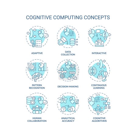 Collection of 2D editable blue thin line icons representing cognitive computing, isolated simple vector, linear illustration.