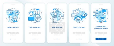 Illustration for 2D icons representing challenges of cognitive computing mobile app screen set. Walkthrough 5 steps blue graphic instructions with line icons concept, UI, UX, GUI template. - Royalty Free Image