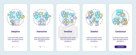 Illustration for 2D icons representing cognitive computing features mobile app screen set. Walkthrough 5 steps multicolor graphic instructions with thin line icons concept, UI, UX, GUI template. - Royalty Free Image