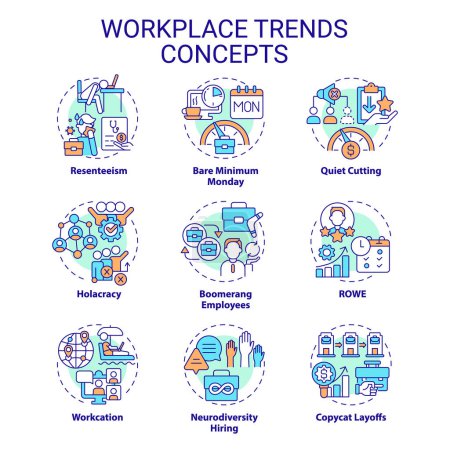 Illustration for Collection of 2D editable colorful thin line icons representing workplace trends, isolated simple vector, linear illustration. - Royalty Free Image