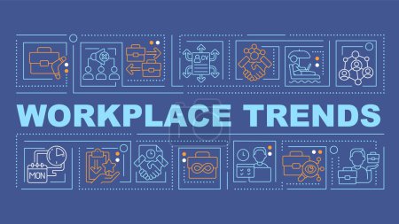 Illustration for Workplace trends text with various creative thin linear icons concept on dark blue monochromatic background, editable vector illustration. - Royalty Free Image
