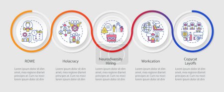 Illustration for 2D workplace trends vector infographics template with colorful linear icons concept, data visualization with 5 steps, process timeline chart. - Royalty Free Image