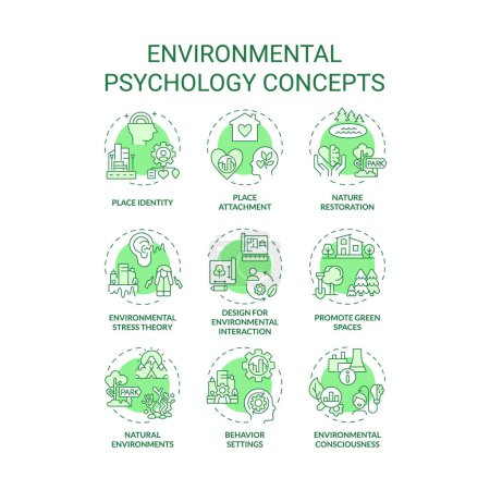 Illustration for Collection of 2D editable green thin line icons representing environmental psychology, isolated monochromatic vector, linear illustration. - Royalty Free Image