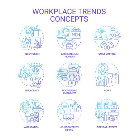 Illustration for Collection of 2D gradient thin line icons representing workplace trends, isolated simple vector, linear illustration. - Royalty Free Image