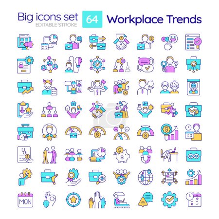 Conjunto de iconos de línea delgada grande multicolor editable 2D que representa las tendencias del lugar de trabajo, vector simple aislado, ilustración lineal.