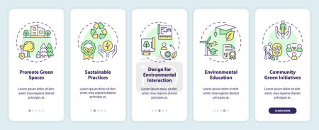 Illustration for 2D icons representing environmental psychology mobile app screen set. Walkthrough 5 steps colorful graphic instructions with line icons concept, UI, UX, GUI template. - Royalty Free Image