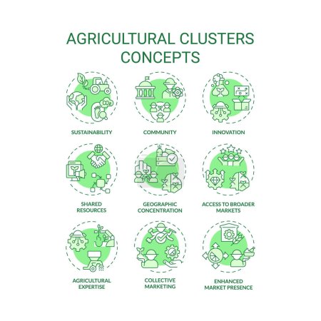 Colección de iconos de línea delgada verde editable 2D que representan clusters agrícolas, vector simple aislado, ilustración lineal.