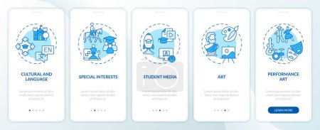Illustration for 2D icons representing types of extracurricular activities mobile app screen set. Walkthrough 5 steps blue graphic instructions with thin line icons concept, UI, UX, GUI template. - Royalty Free Image
