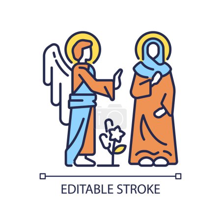 Illustration for Annunciation RGB color icon. Virgin Mary with Angel Gabriel. Mary becomes mother of Jesus Christ. Biblical scene. Isolated vector illustration. Simple filled line drawing. Editable stroke - Royalty Free Image