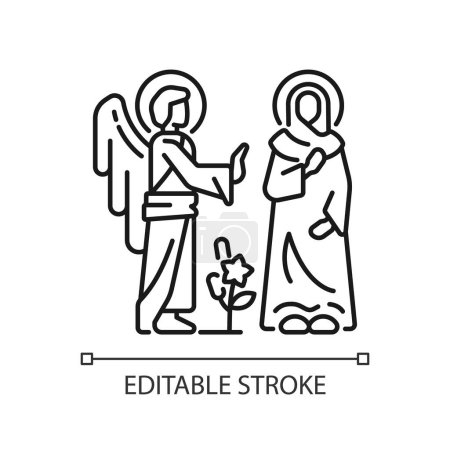 Illustration for Annunciation linear icon. Virgin Mary with Angel Gabriel. Mary becomes mother of Jesus Christ. Biblical scene. Thin line illustration. Contour symbol. Vector outline drawing. Editable stroke - Royalty Free Image