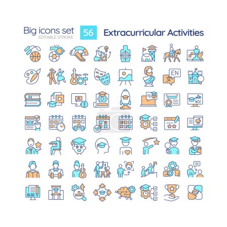 Illustration for 2D editable multicolor big simple icons set representing extracurricular activities, isolated vector, linear illustration. - Royalty Free Image