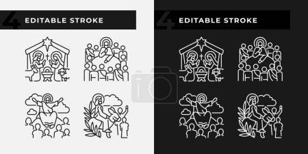 Ministry of Jesus linear icons set for dark, light mode. Palm sunday and Last Supper. Christian stories. Holy figures. Thin line symbols for night, day theme. Isolated illustrations. Editable stroke
